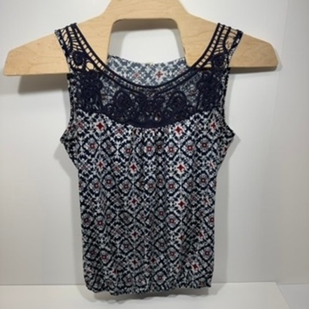 Perception Concept Womens XL Navy Crochet Lace Geometric Bubble Hem Tank Top